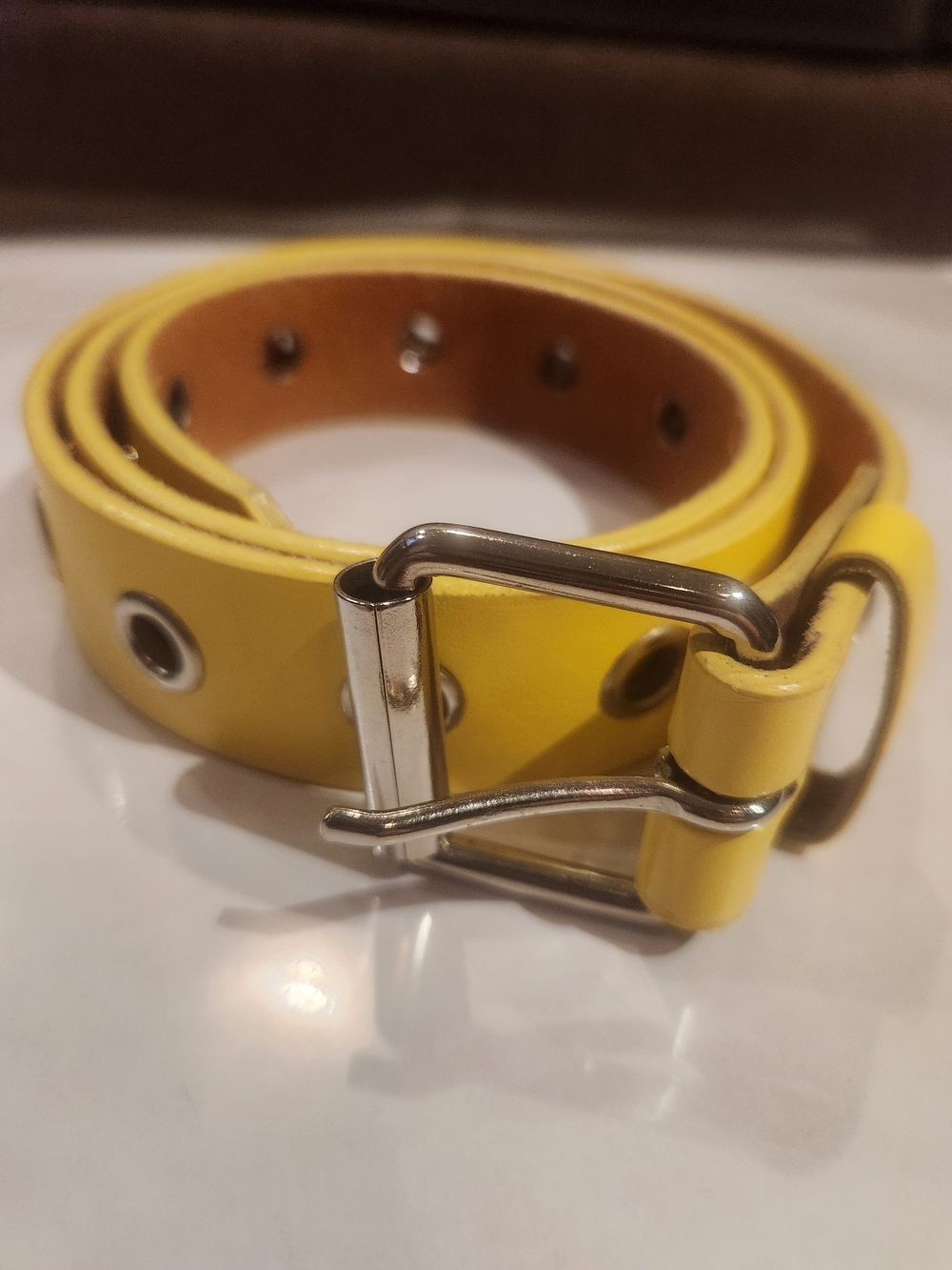 Bright Yellow Leather Grommet Belt Shiny Silvertone Eyelets Medium Up to 38.5"